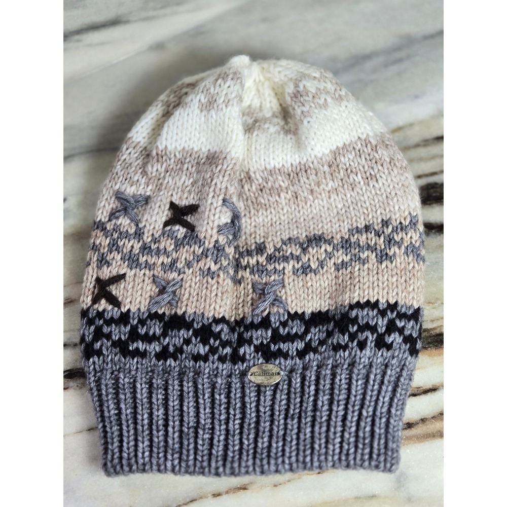 Calimar Italy Virgin Wool Alpaca Knit Beanie Hat Grey Tan Cream Fair Isle